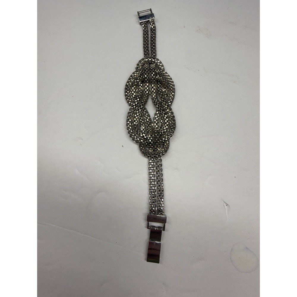 Silver Tone Mesh Box Chain Nautical Knot Statement Bracelet 8" Foldover Clasp